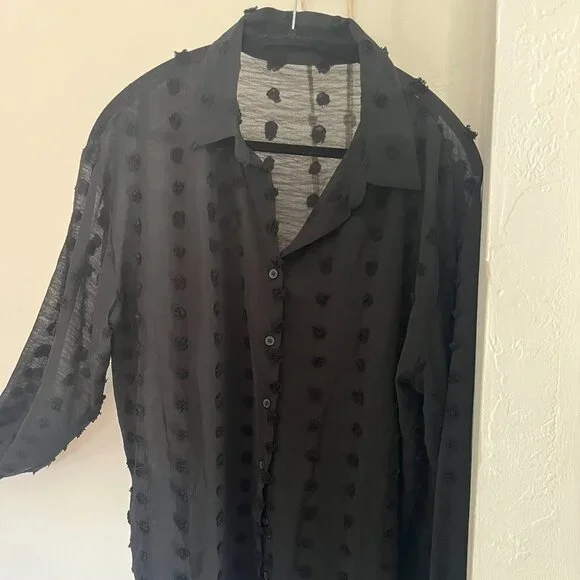 Black Button Down Casual Blouse Top - Large - Picture 2 of 3
